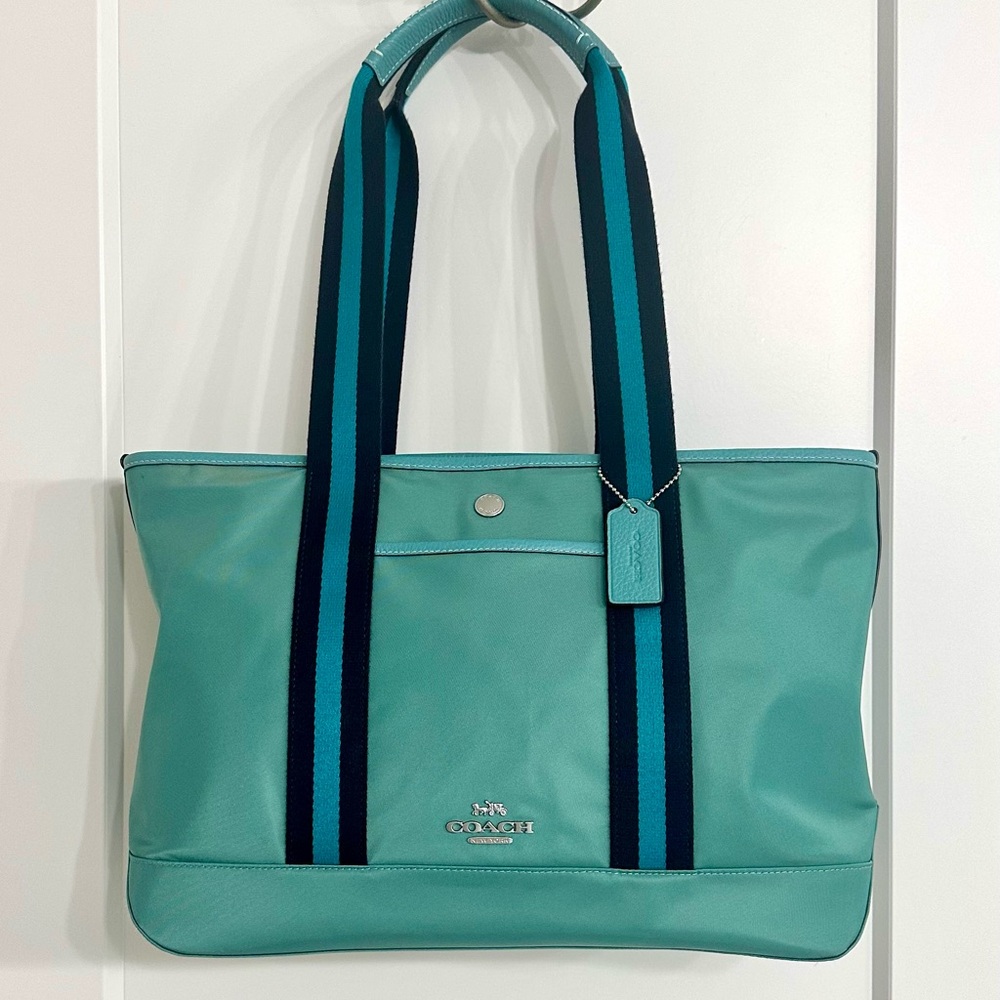 Coach Teal Tote with Navy Stripe Webbing